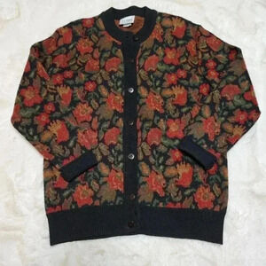 La Dame Australia Multi-Color Knit Cardigan Sweater sz L Wool Blend Dark Floral